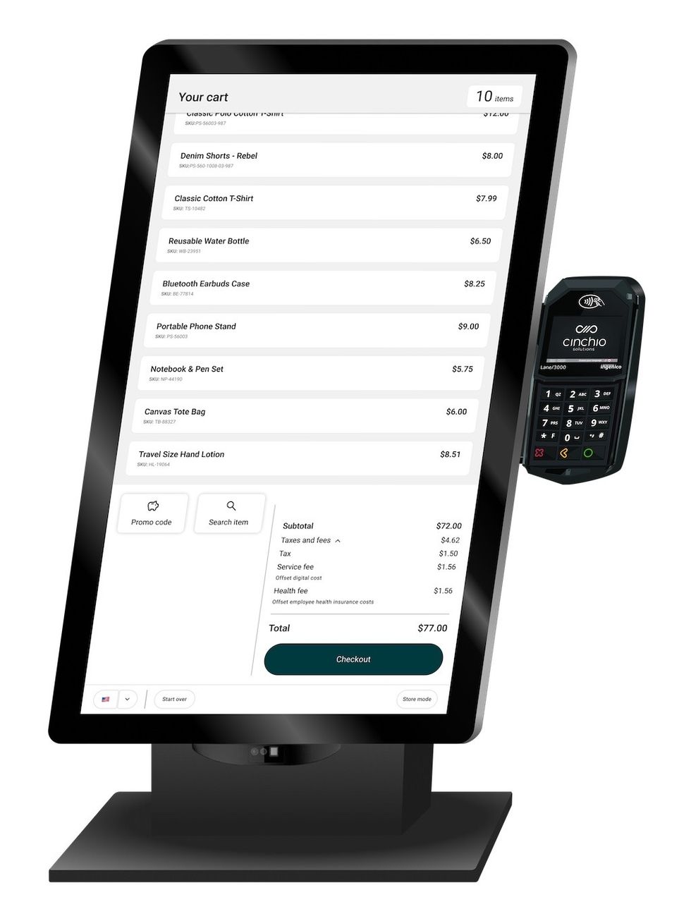 Checkout screen showing a shopping cart with 10 items and a card reader.