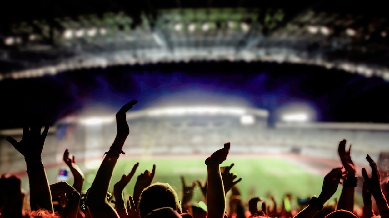 Cheering crowd in a stadium at night with blurred field and lights.
