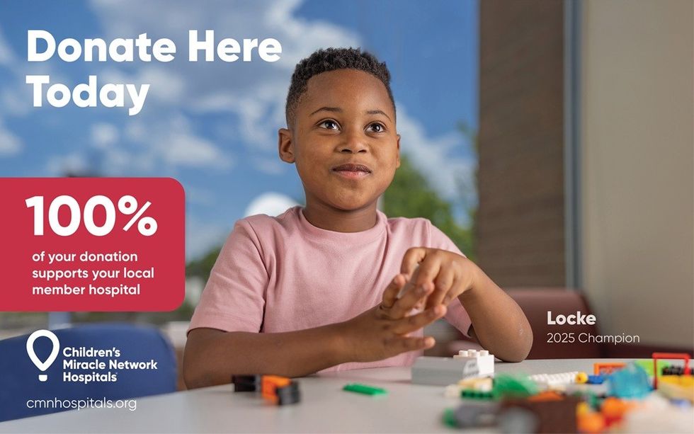 Child at a table with toys, promoting donations for Children's Miracle Network Hospitals.