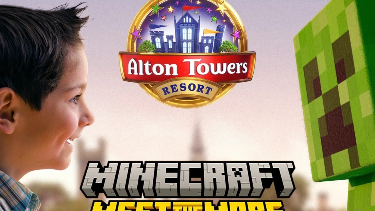 Child faces Minecraft Creeper at Alton Towers Resort; "Meet the Mobs" text below.
