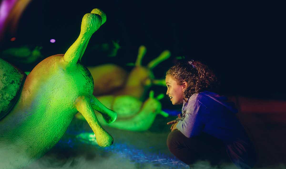Child gazing at large, colorful, glowing snail sculptures in a dark setting.