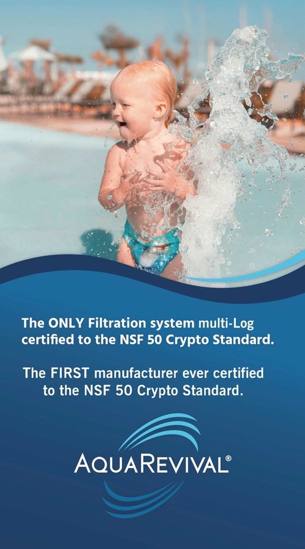 Child playing in water; AquaRevival filtration certification text below.