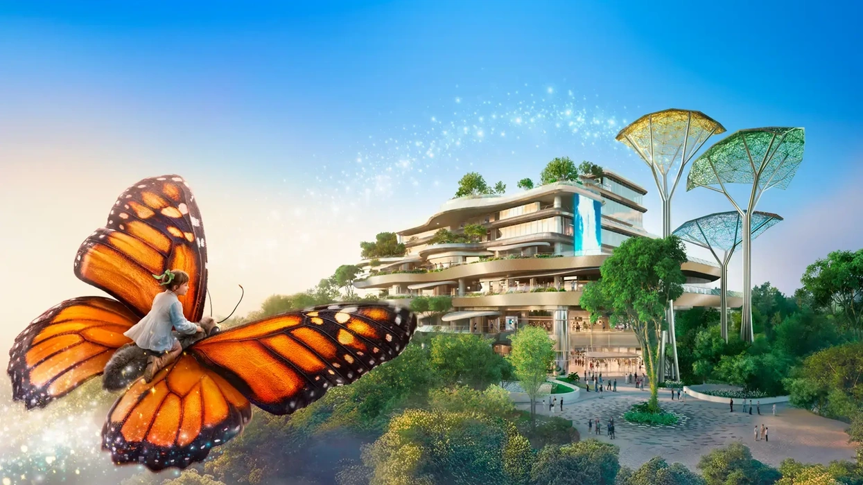 Child riding a giant butterfly near futuristic buildings and large tree structures.