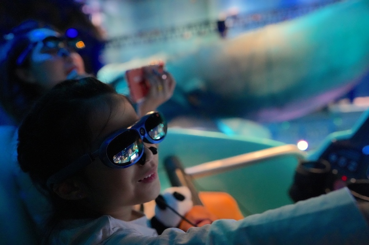 Child wearing 3D glasses, holding a stuffed panda, in an immersive ride experience.