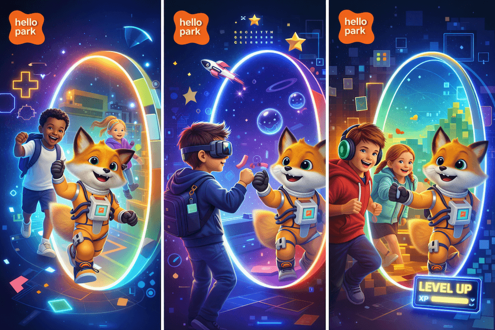 Children and a fox mascot in a vibrant, futuristic Hello Park virtual world with glowing portals.