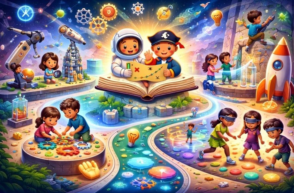 Children exploring science and imagination in a colorful, fantastical landscape.