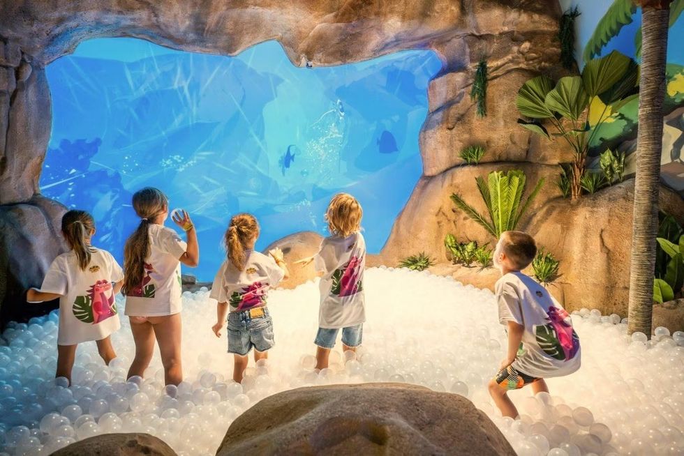 Children in white shirts watch fish in a large aquarium within a rocky, tropical setting.