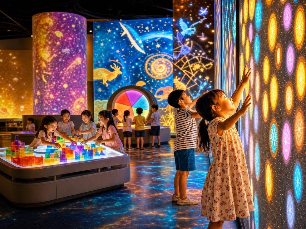 Children interacting with colorful, digital displays in an immersive, illuminated space.