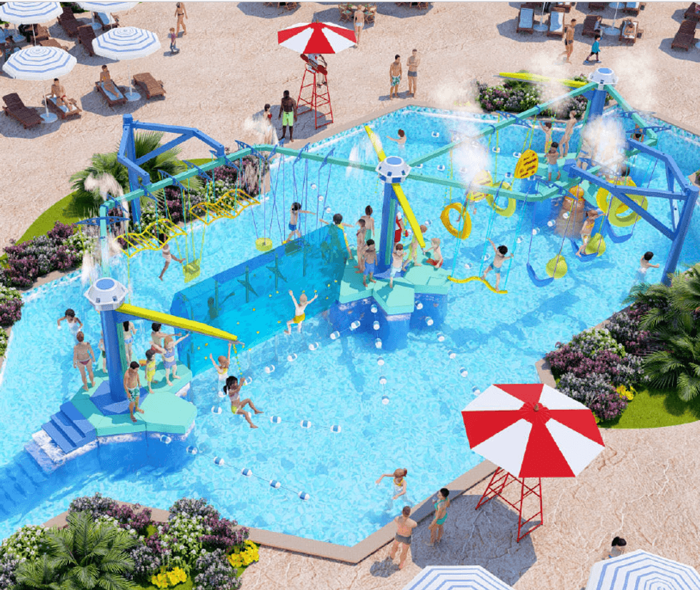 Children playing in a colorful water park, with slides and climbing structures - concept art for AquaAdrenaline