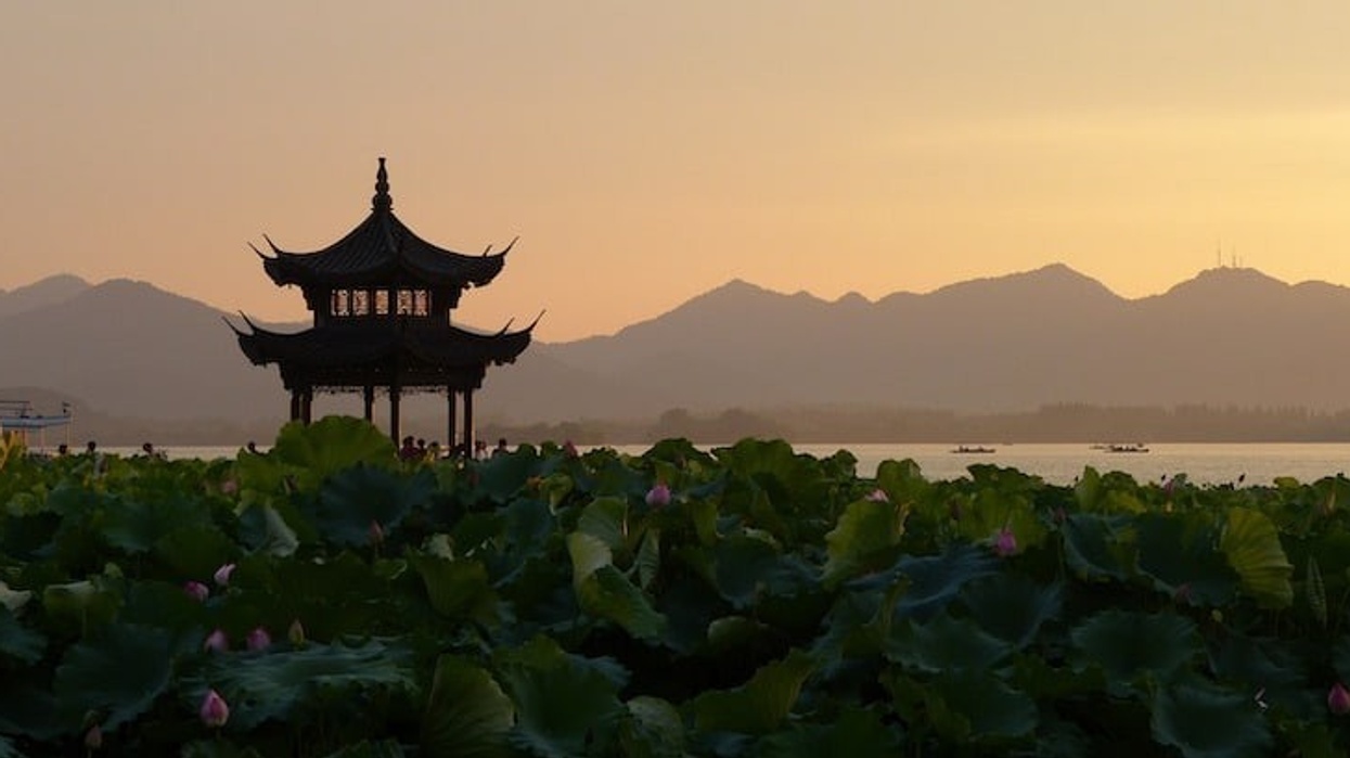 Chinese pagoda at sunset