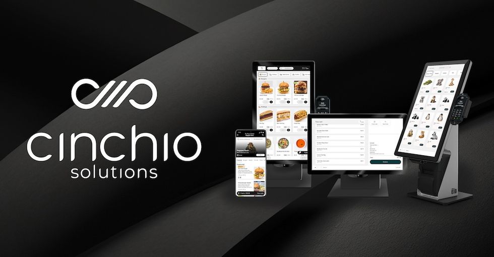 Cinchio Solutions logo with various digital ordering devices displayed on sleek black background.