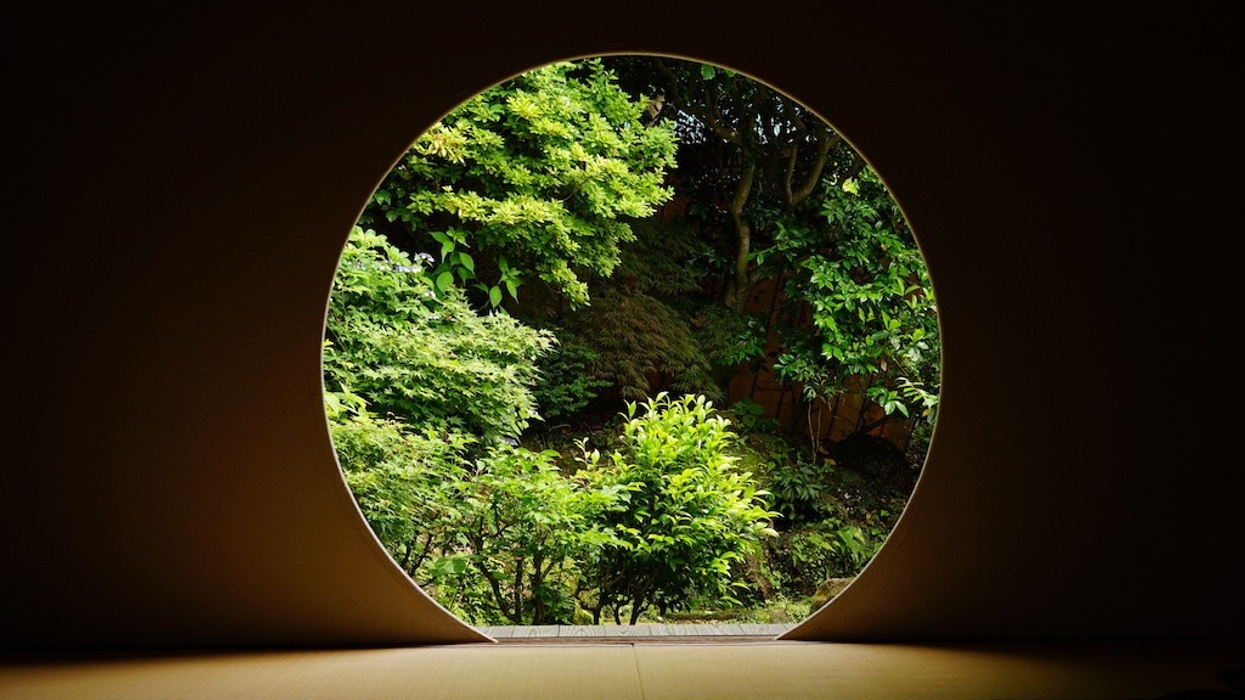 Circular window framing a lush green garden view.