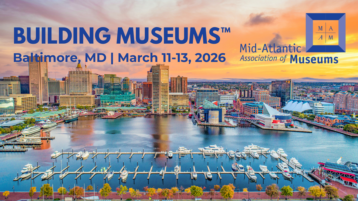 Cityscape of Baltimore with "Building Museums" event details for March 11-13, 2026.