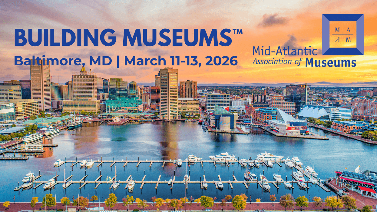 Cityscape of Baltimore with "Building Museums" event details for March 11-13, 2026.