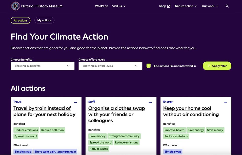 Climate action webpage for Find Your Climate Action tool by NHM