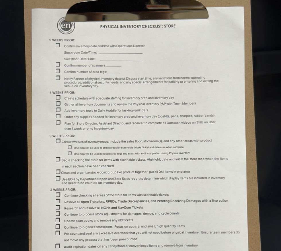Clipboard displaying a physical inventory checklist for a store.