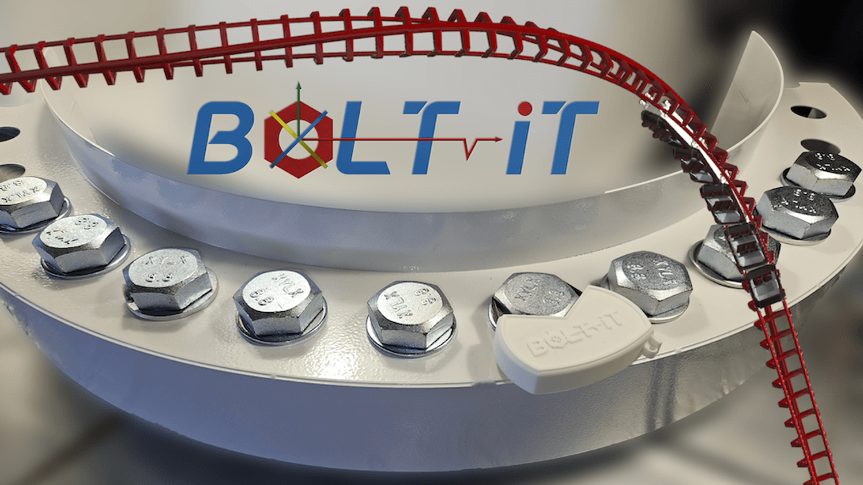 Close-up of a bolted flange with "BOLT-iT" text and red roller coaster track above.