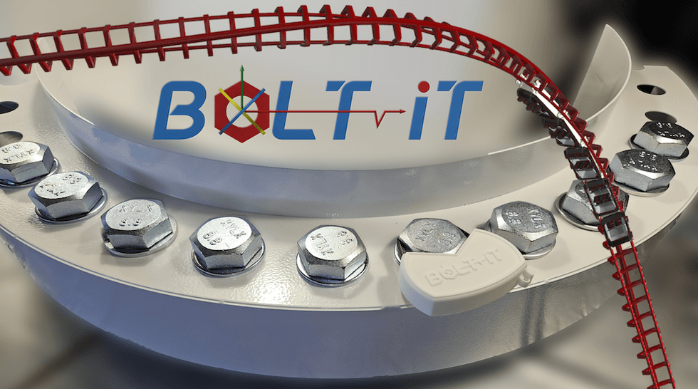 Close-up of a bolted flange with "BOLT-iT" text and red roller coaster track above.