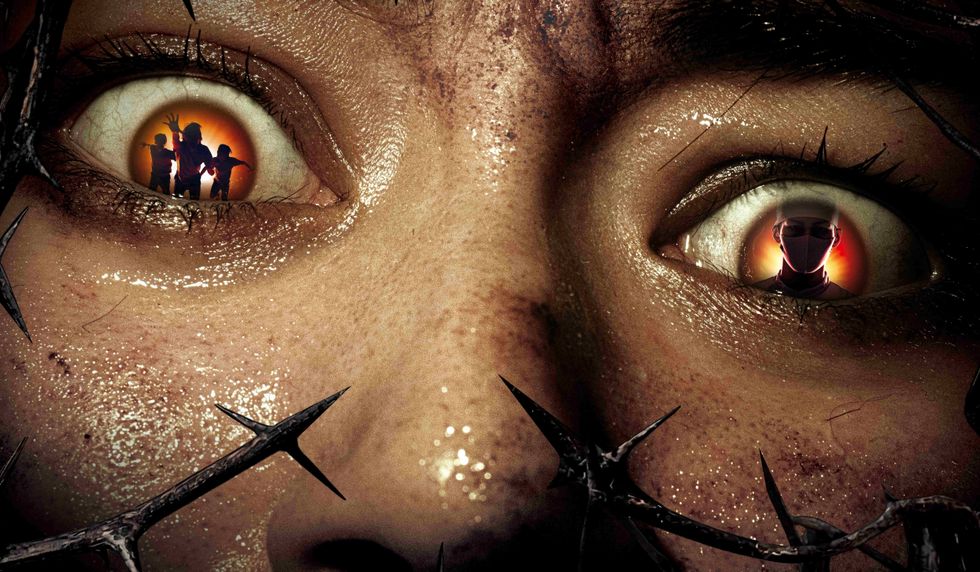 Close-up of eyes with reflections of zombie figures and thorns, poster for HHN Universal Japan