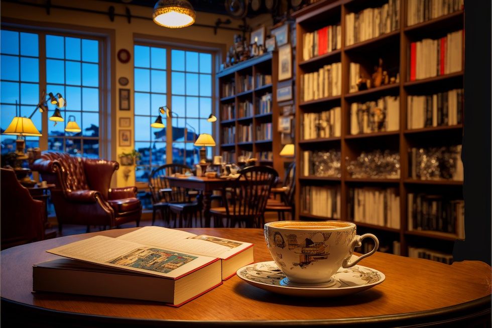 coffee cup and books on shelf Generated AI