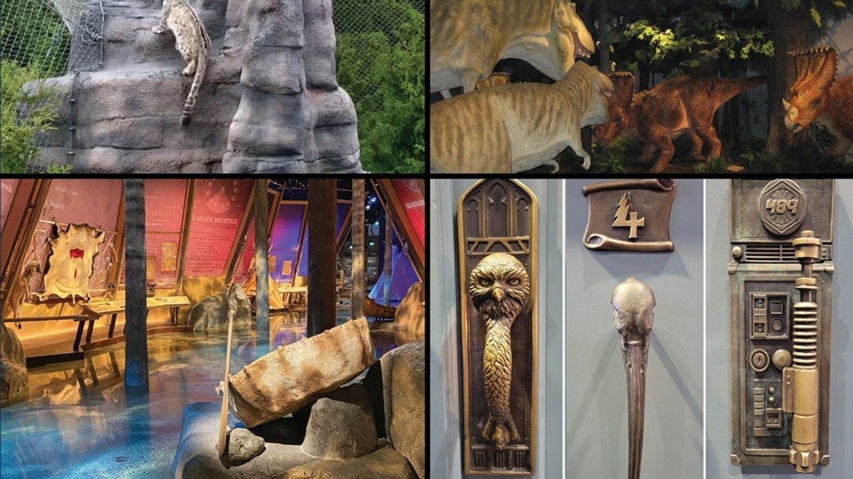 Collage: climbing snow leopard, dinosaur diorama, museum display, ornate wall sculptures.