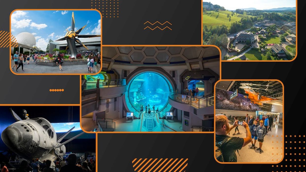 Collage of a theme park, aquarium, countryside, spacecraft, and a group photo inside a museum.