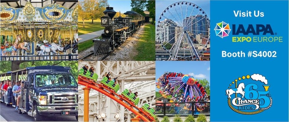 Collage of amusement park rides; Visit IAAPA Expo Europe, Booth #S4002.