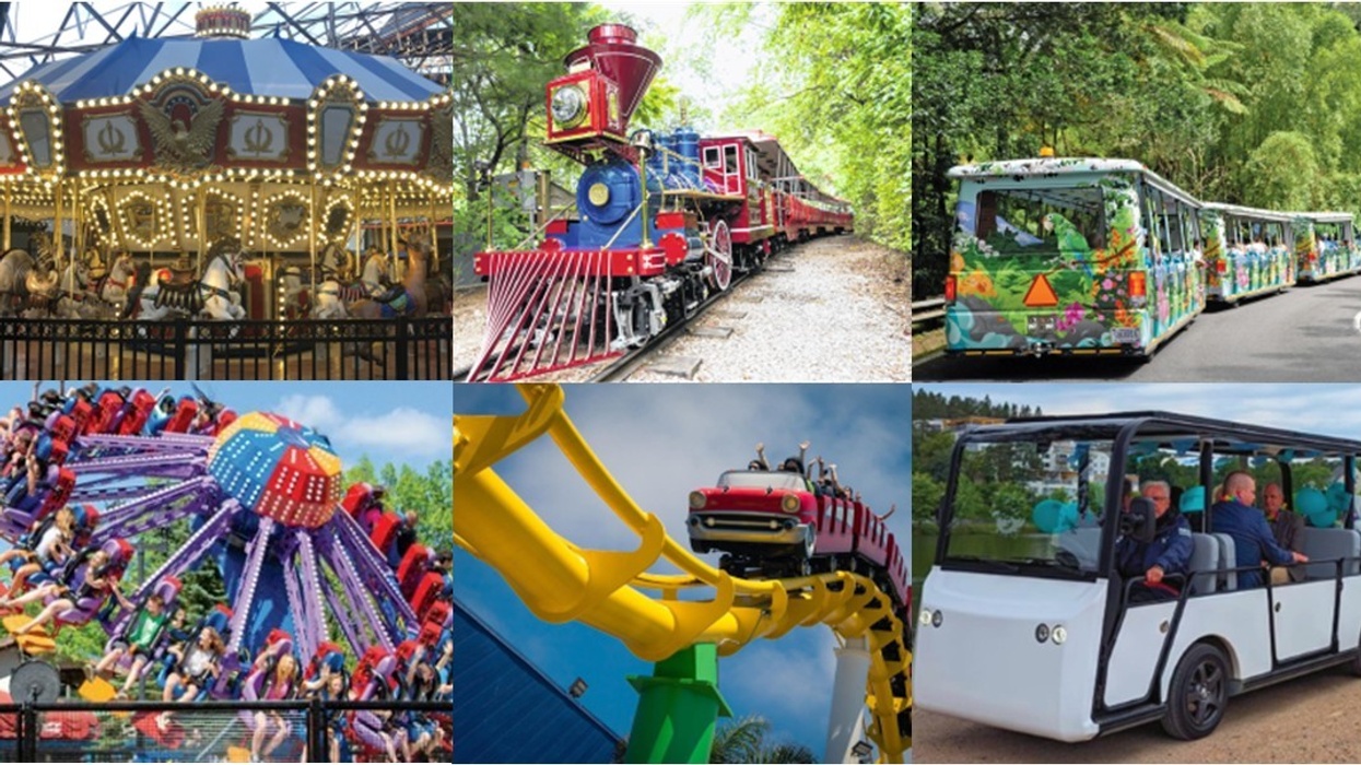 Collage of amusement rides: carousel, train, safari ride, spinning ride, roller coaster, tram.