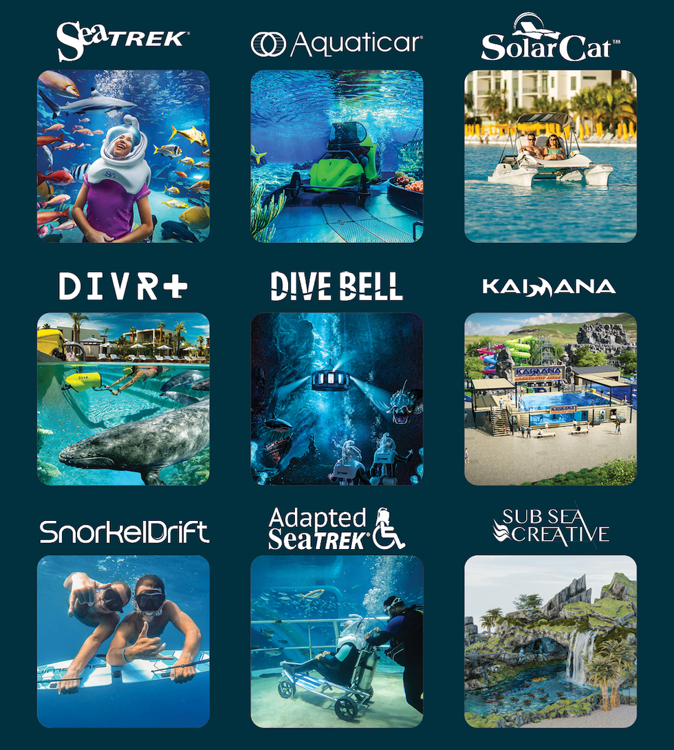 Collage of aquatic activities, innovations, and underwater experiences showcased with logos.