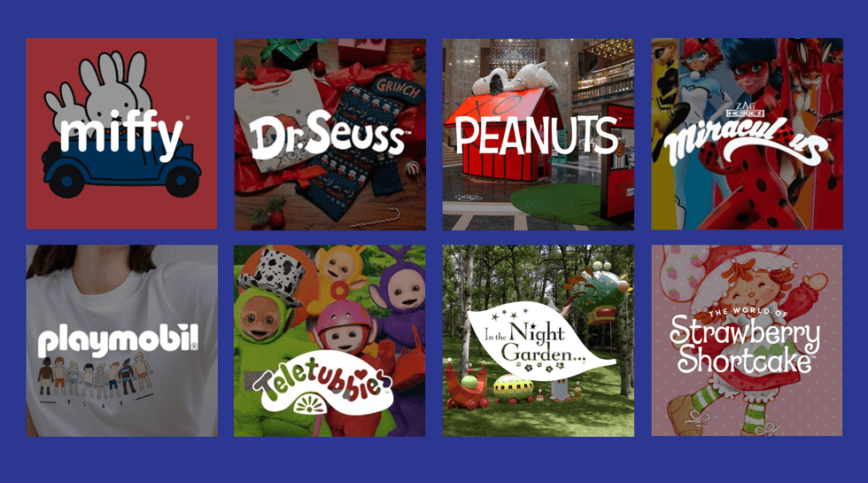Collage of children's brands: Miffy, Dr. Seuss, Peanuts, and more.