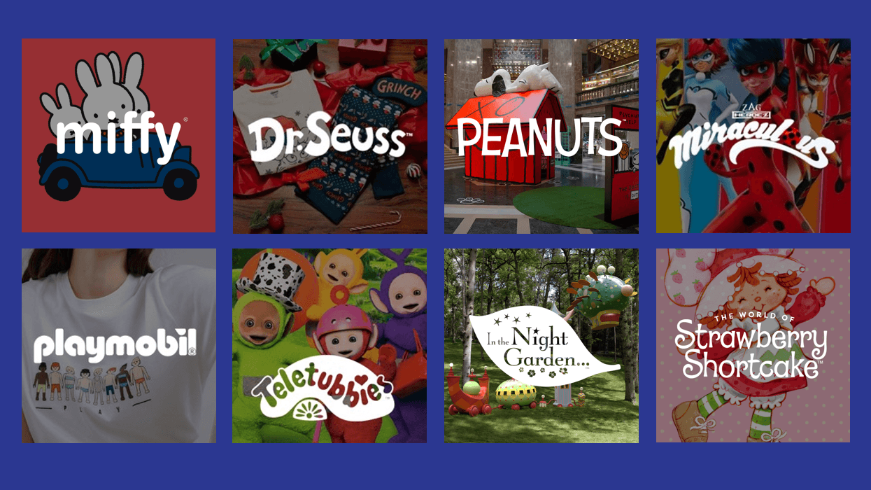Collage of children's brands: Miffy, Dr. Seuss, Peanuts, Miraculous, Playmobil, Teletubbies, more.