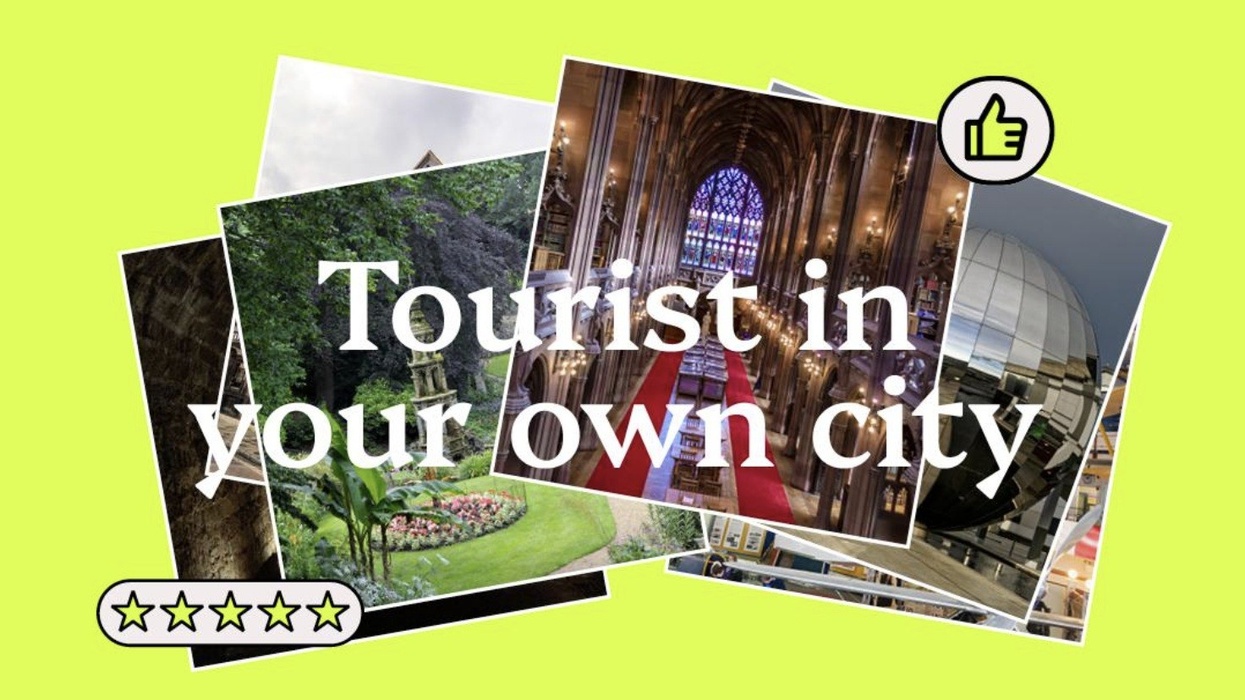Collage of city attractions with "Tourist in your own city" text overlay.