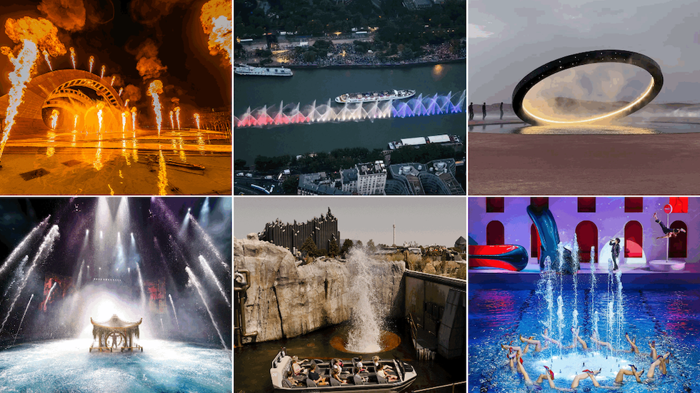Collage of dramatic fire, lights, water displays, and a circular light installation.