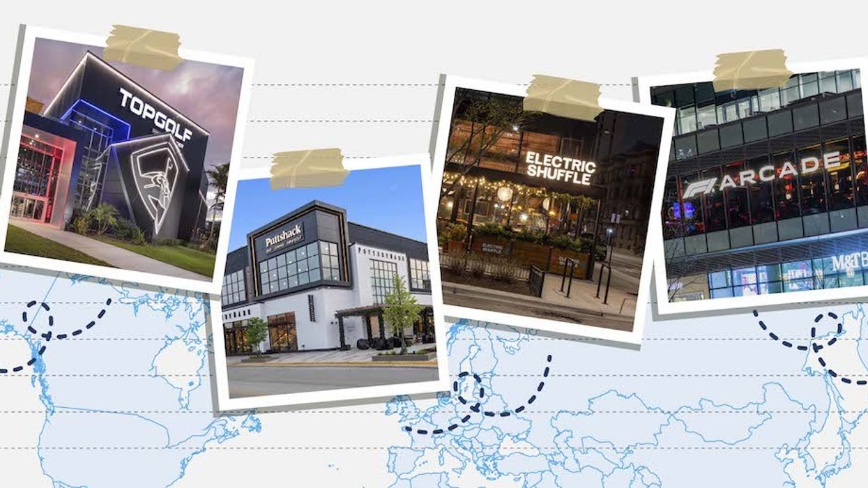 Collage of entertainment venues on a world map background, taped like photos.