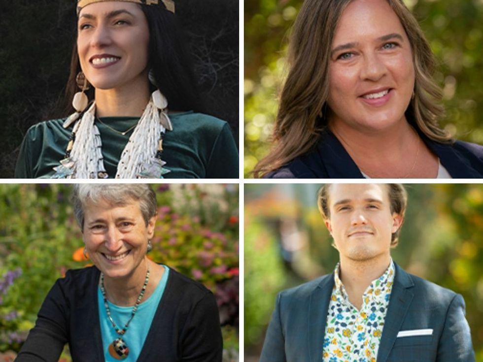 Collage of four people in outdoor settings, each smiling at the camera.