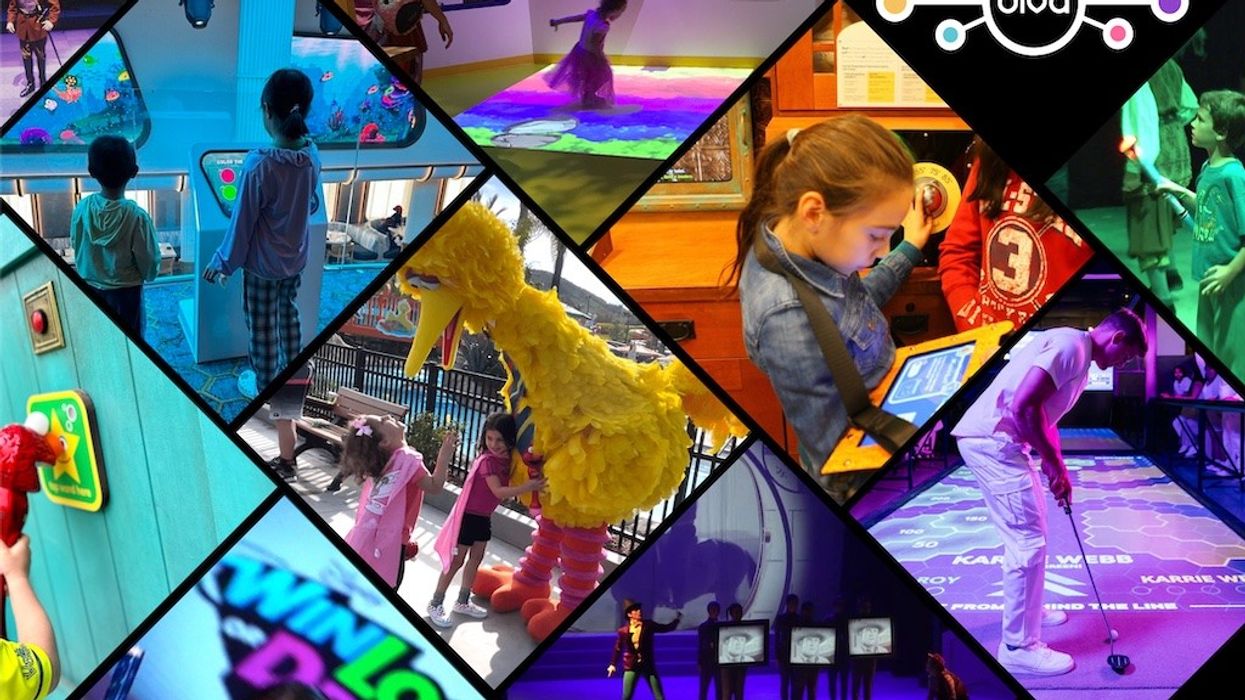 Collage of interactive exhibits powered by Diva from Beaudry, with children and adults exploring technology and education.