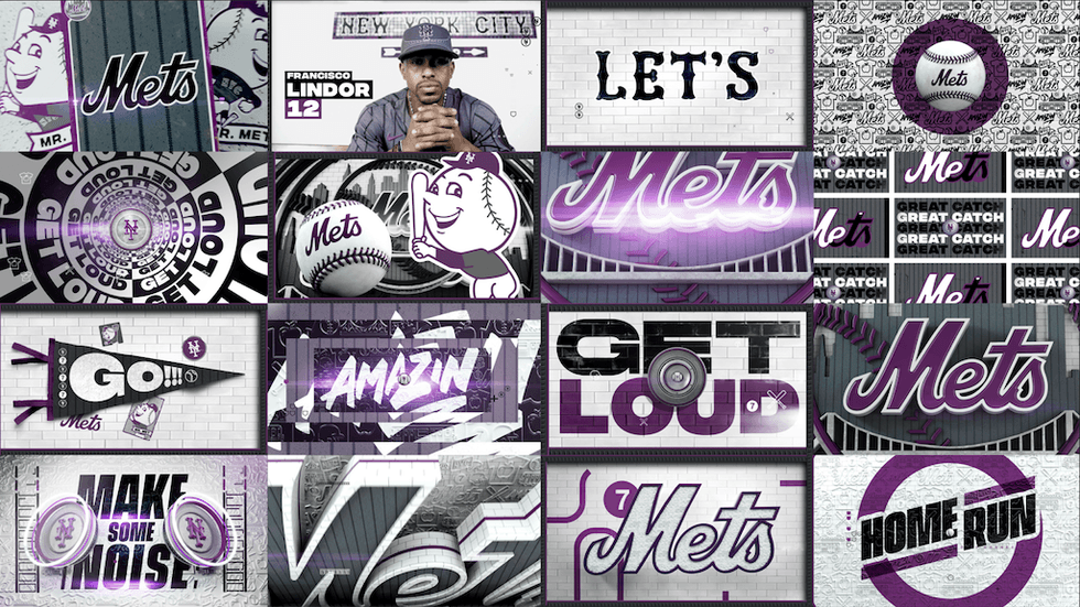 Collage of New York Mets-themed graphics in purple and grey tones.