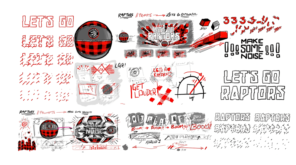 Collage of sketches with "Let's Go Raptors" and basketball motifs in red and black.