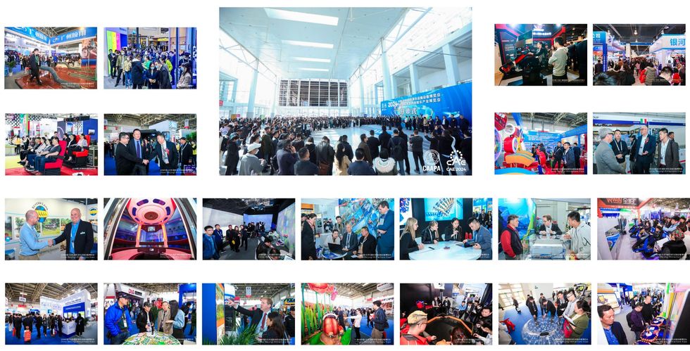 Collage of trade show scenes with crowds, booths, and presentations in a large exhibition space.