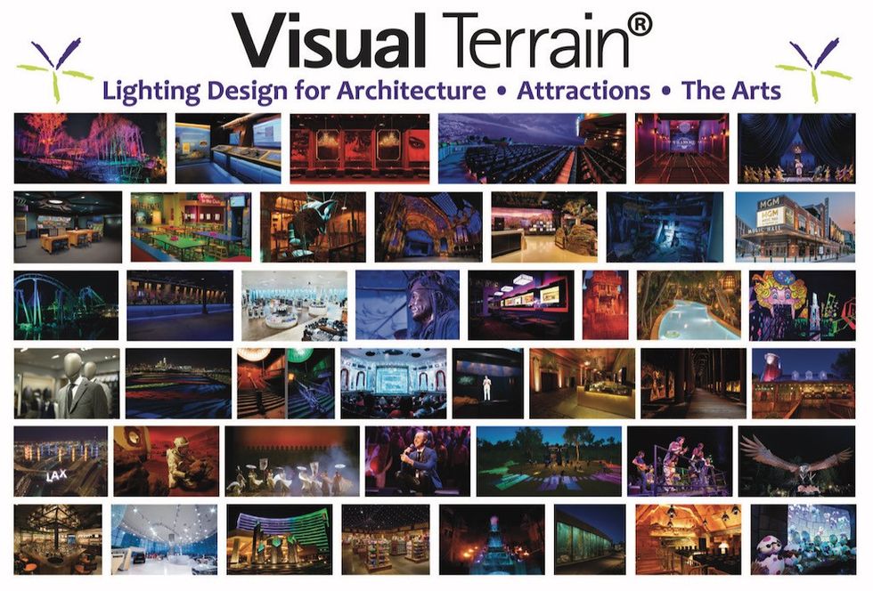 Collage of various lighting designs for architecture, attractions, and the arts.