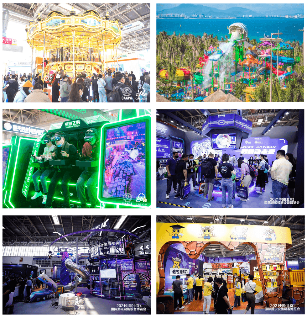 Collage of vibrant amusement park and virtual reality expo scenes.