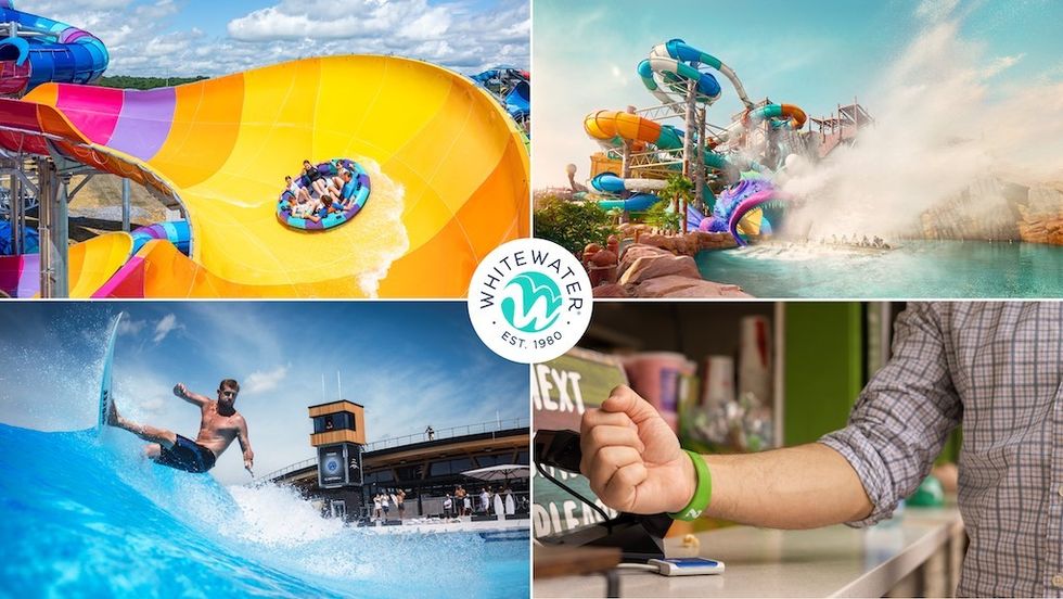 Collage of water slides, surfing, and wristband payment at a waterpark.