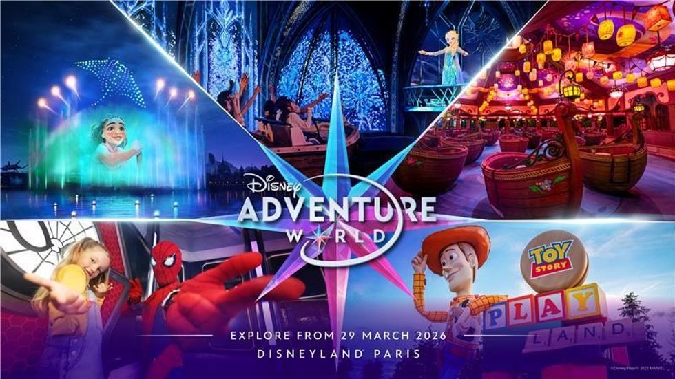 Collage promoting Disney Adventure World at Disneyland Paris, opening March 29, 2026.