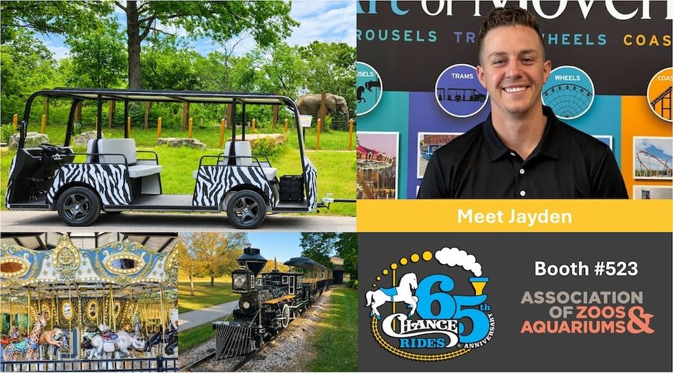 Collage: zebra-striped tram, carousel, train, smiling man at Chance Rides booth.