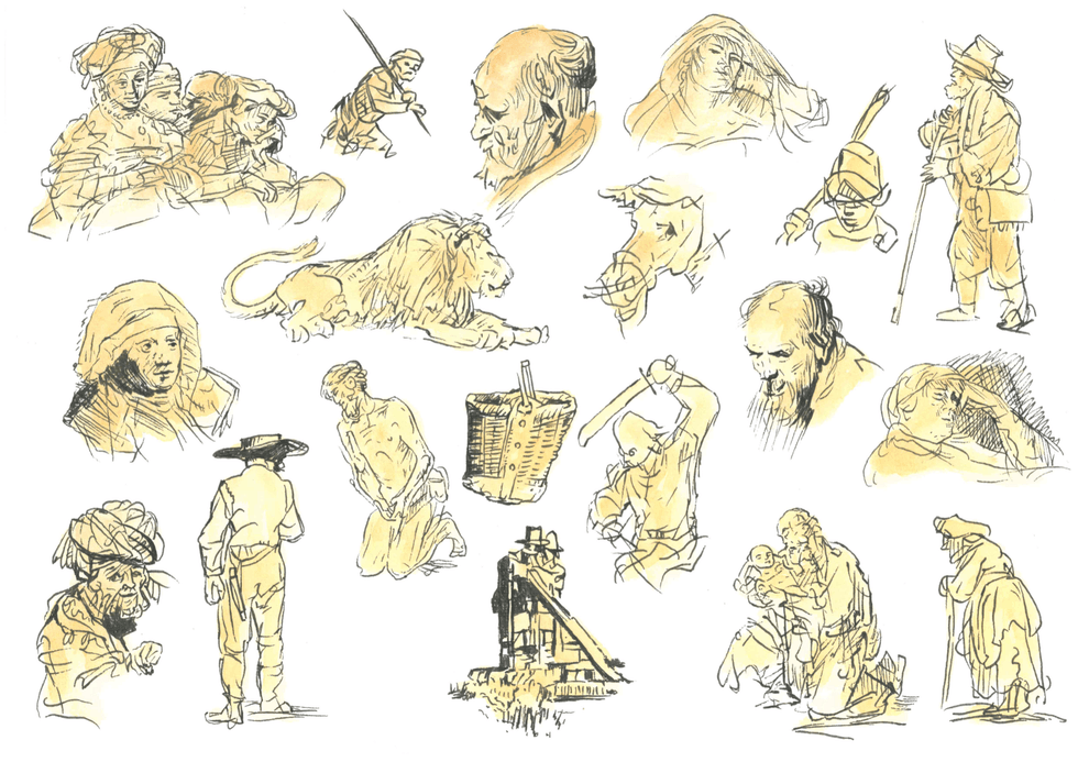 Collection of detailed sketches featuring people, a lion, and various activities.