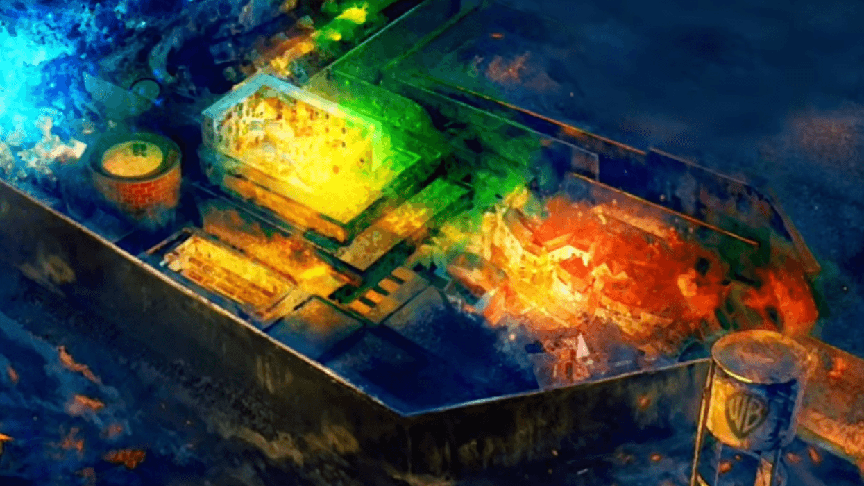 Colorful aerial view of a Harry Potter land with vibrant blue, green, and red lighting effects at Warner Bros World
