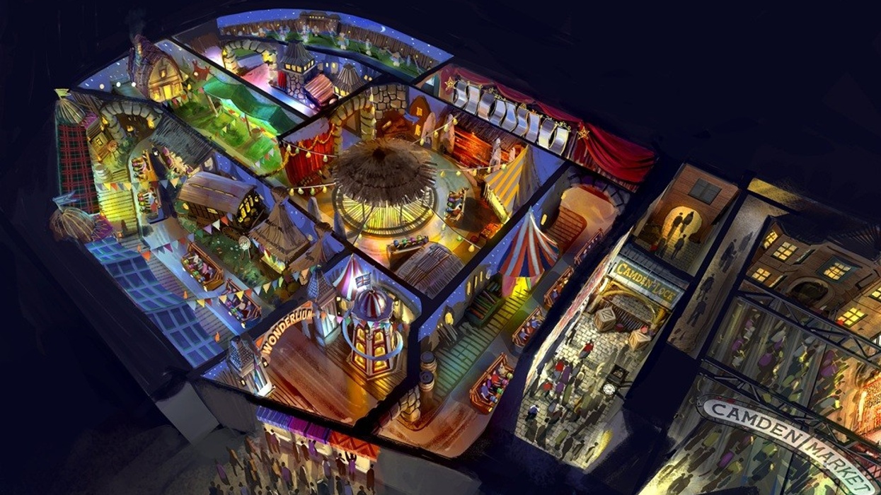 Colorful aerial view of festive indoor market with lights and various stalls.