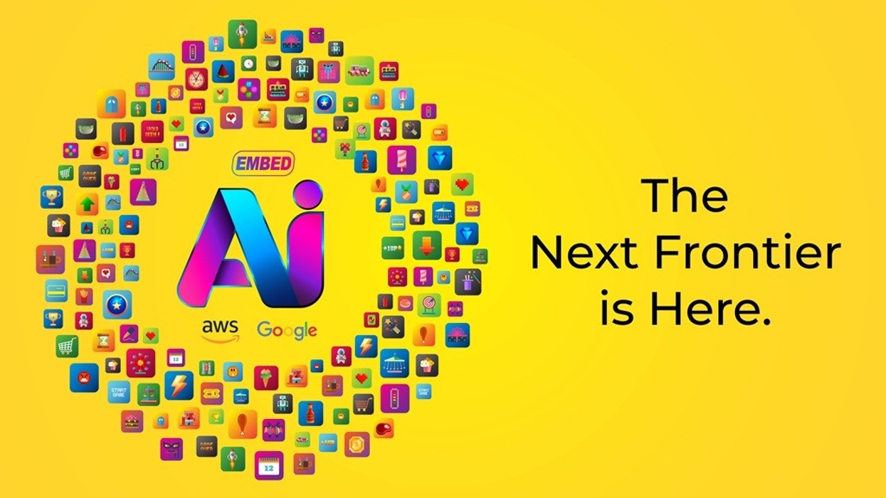 Colorful AI icon collage with text: "The Next Frontier is Here." on yellow background.