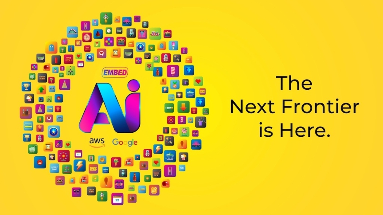 Colorful AI icon collage with "The Next Frontier is Here" text on yellow background.