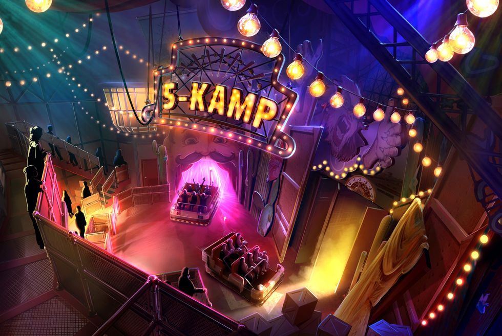 Colorful amusement park ride at Grona Lund entrance with "5-KAMP" sign and people boarding cars.